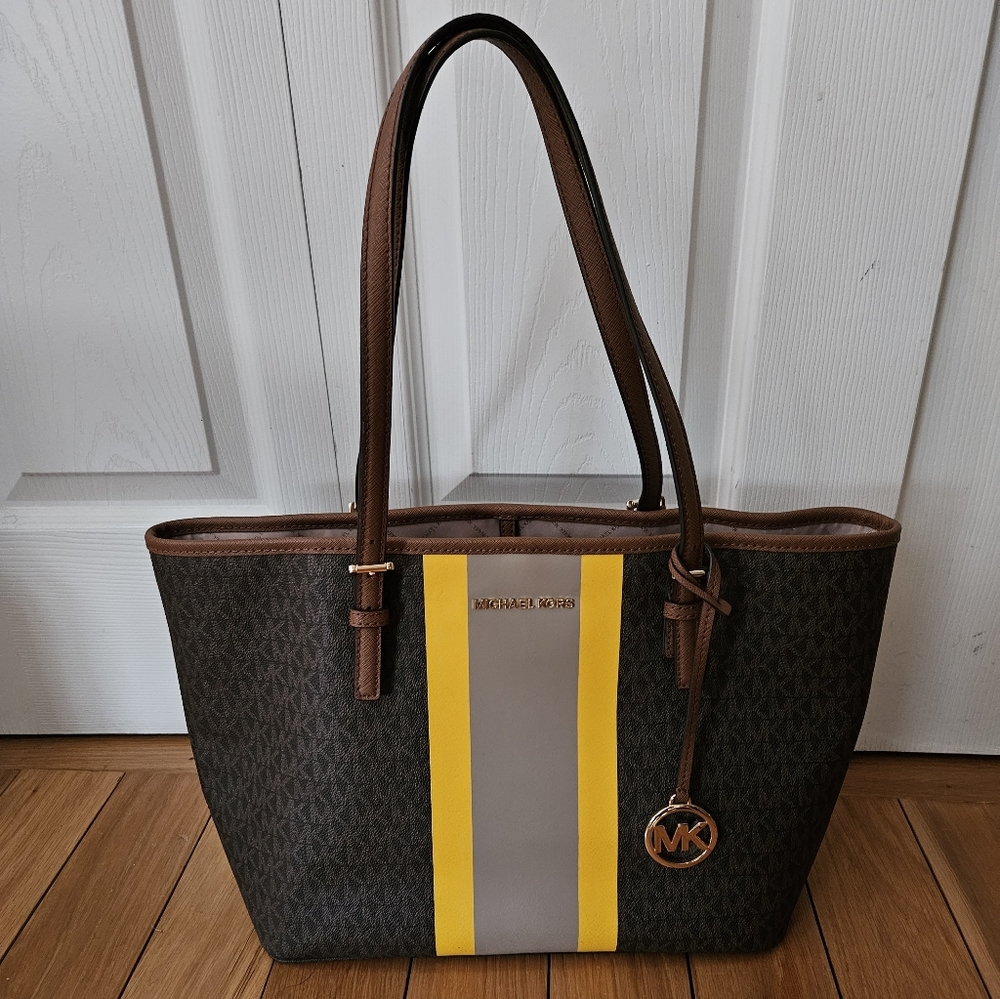 Michael Kors Jet Set Stripe Tote Bag – MK Logo Brown Yellow Gray Purse